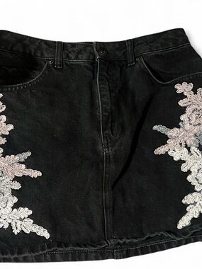 Topshop Black Washed Denim Skirt with Gunmetal Button